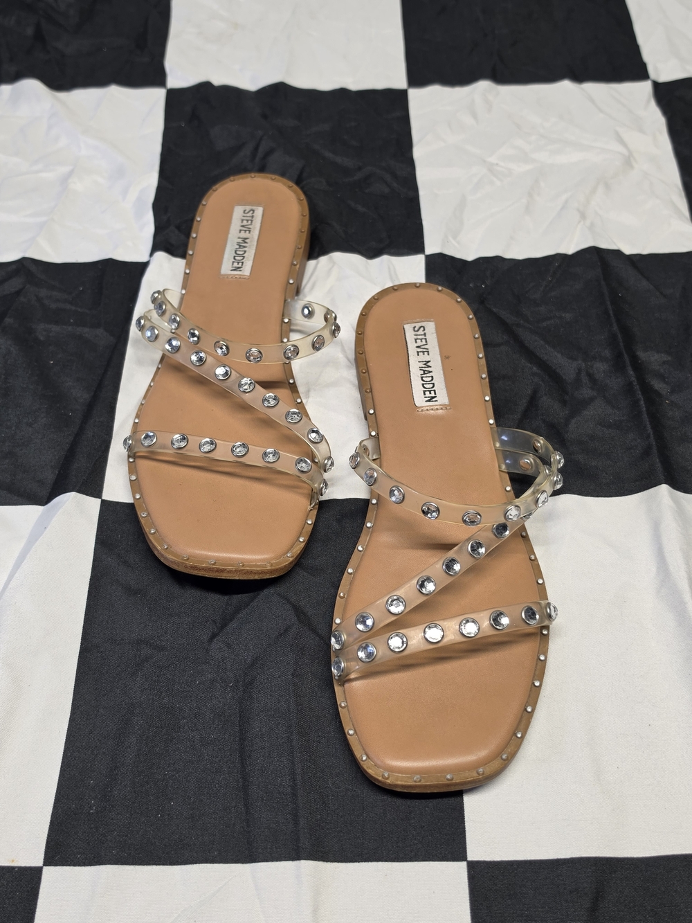 Steve Madden Clear Studded Strappy Slide Sandals - Tan